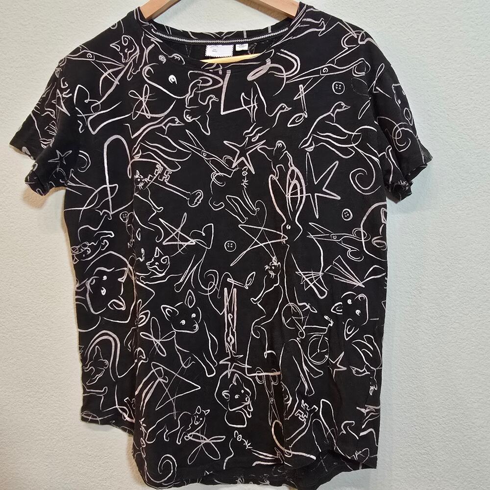 Anthropologie Postmark 100% cotton T-shirt black cat, fox, bird Sz Small